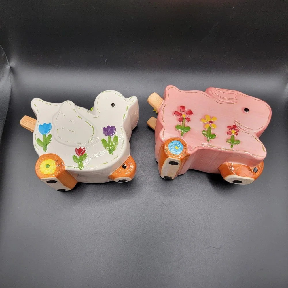 Vintage Ceramic Bunny Rabbit Wheelbarrow Planter Pink & White Duck Planter...